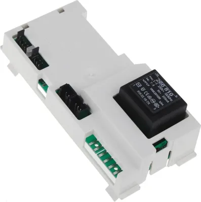 A white electronic control board with black connectors and a black component with text on it.