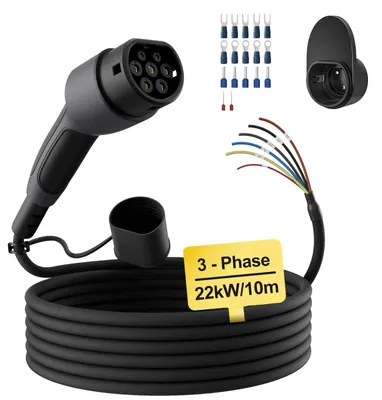 Produktbild von Elektroauto-Ladekabel - Typ-2-Ersatzkabel - 22 kW - Dreiphasig - 32 A - Offenes Kabelende - TPU - 10 m