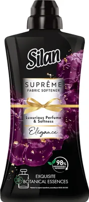 A bottle of Silan Supreme fabric softener with a dark, elegant design.