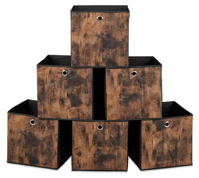 Produktbild von Relaxdays Aufbewahrungsbox, 6er Set, HxBxT: 30x30x30 cm, Stoff, Holzoptik, Griffloch, faltbare Regalboxen, schwarz/braun