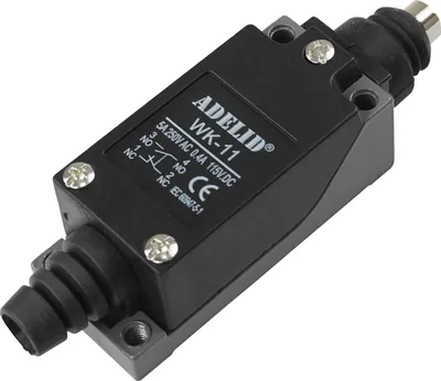 A black limit switch with a roller actuator is shown against a white background.