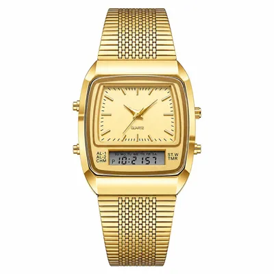 Produktbild von Retro Quadratuhr mit analoge und digitale Anzeige, Herren Quarzwerk Armbanduhr in Gold-Schwarz Finish - ROLOTIME