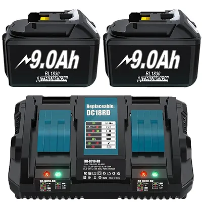 Immagine prodotto di Batterie da 18V per utensili elettrici - Batteria di ricambio agli ioni di litio con caricabatterie - 2 batterie da 9000mAh - Compatibile con BL1830, BL1840, BL1850, BL1860 - Doppio caricabatterie rapido da 6A