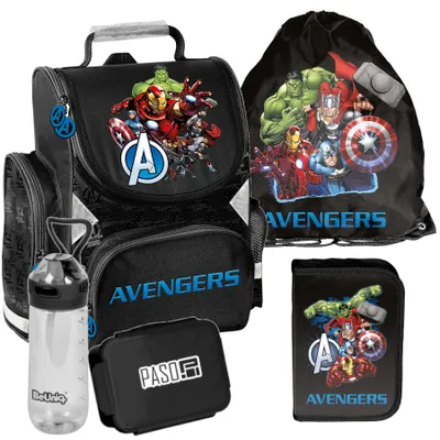 Produktbild von Schulrucksack Mädchen Jungen Motiv AVENGERS 5 T Set Rucksack, Federmäppchen, Schuhbeutel, Trinkflasche, Frühstückstasche Mega-Set Paso marvel