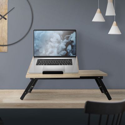 ML-Design Laptoptisch für Bett/Sofa, Eiche, aus Holz, höhenverstellbar & klappbar, 4 Neigungswinkel, Lapdesks für Lesen & Frühstück, Laptopständer mit Schublade, Notebooktisch Betttisch Knietisch