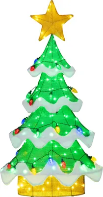 A lighted Christmas tree decoration with a star on top and colorful bulbs.