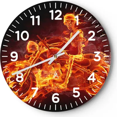 Produktbild von Wanduhr - Rund - Glasuhr - Motorrad Flammen Skelett - 40x40cm - Schleichendes Uhrwerk - Lautlos - zum Aufhängen bereit - Dekoration Modern - Wanddekoration aus Glas - C4AR40x40-2652