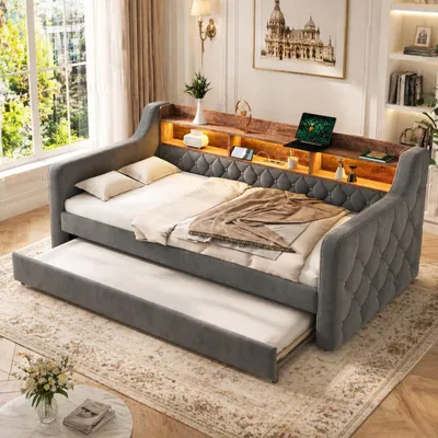 Produktbild von Schlafsofa 90x190 mit Ausziehbett Polsterbett mit LED & USB-C Samt Tagesbett Integriertem Regal Funktionsbett Jugendbett Kojenbett Couch Grau