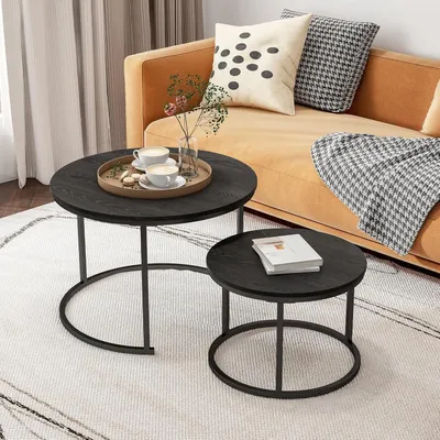 Produktbild von Runde Salontisch Set von 2 - Schwarze Beistelltische mit Holzoptik und Metallrahmen für Wohnzimmer und Schlafzimmer