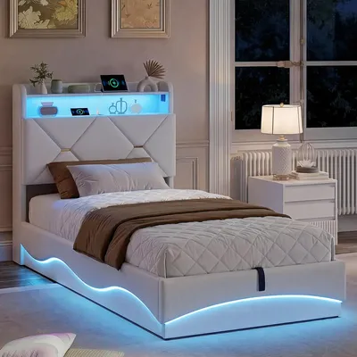 Obrázek produktu pro Rám postele ProximaX 90 x 200 cm, béžový samet, úložný prostor s hydraulickým zvedáním, RGB LED osvětlení, nabíjecí stanice USB/Type-C