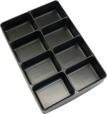 A black plastic organizer tray with 8 compartments, shown from a diagonal top-down view against a white background.