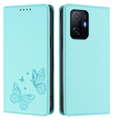 Produktbild von Lederhülle für Xiaomi 11T /Xiaomi 11T Pro, Schmetterling Prägung Leder Brieftasche Schutzhülle mit Ständer Türkis