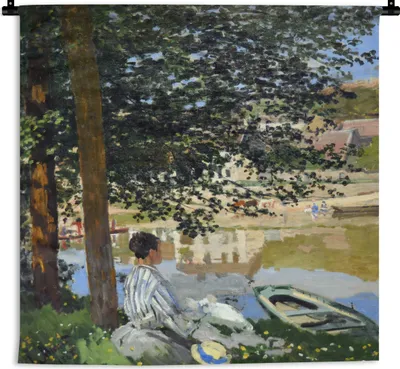 Produktbild von MuchoWow® Wandteppich Wandbehang Am Ufer der Seine, Bennecourt - Claude Monet 150x150 cm Tapisserie Dekoration Wandtuch - Wohnaccessoires - Modernes