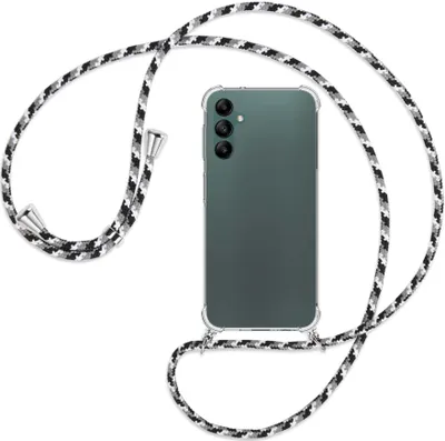 Produktbild von Handykette Backcover-Schutzhülle mit Band (Metall silberfarben) für Samsung Galaxy A14 5G - schwarz/grau/weiß