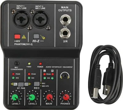 Obrázek produktu pro 2-kanálový audio mixážní pult, USB, 48 V, fantomové napájení, kompaktní zvukový mixážní pult pro nahrávání hudby, domácí karaoke, internet