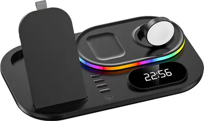 Immagine prodotto di 4 in 1 sveglia caricatore wireless per Airpods Pro Iwatch Rgb Led ricarica rapida Iphone Nero