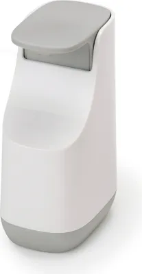 A white and gray soap pump is shown against a white background.
