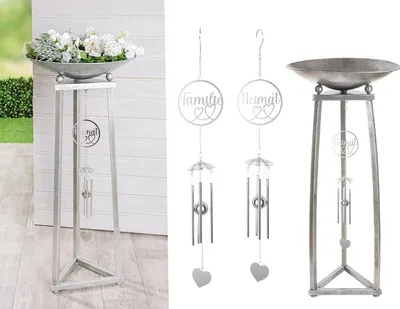 A collage of images showing a metal plant stand with a bowl of flowers and a wind chime, and separate images of wind chimes.