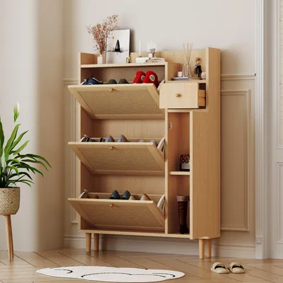 Image de Meuble à chaussures en bois et rotin, 3 portes basculantes, 1 tiroir, pieds en bois, L90×H125×P17 cm