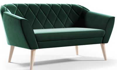 GUTTO Sofa 2místná velurová pohovka - KARO -- Sametová lavice ze zeleného sametu Vysoké dřevěné nohy Pohovka ve skandinávském stylu - krásné, moderní