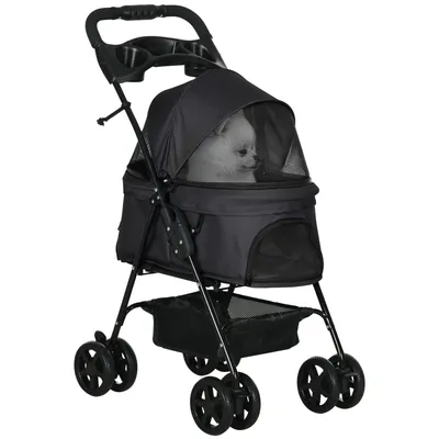 Image de PawHut Poussette buggy pliable chien chat panier rangement porte-gobelets tissu 300D Oxford imperméable 4 roues noir
