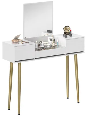Productafbeelding van Make-uptafel - Kaptafel - Met spiegel - 3 lades - Hout - Moderne, minimalistische stijl - 105,5 x 30 x 130,5 cm - Wit