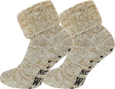Produktbild von TippTexx 24 2 Paar ABS Stoppersocken Wollsocken mit Innenfrottee, Beige-melange, Größe 39-42