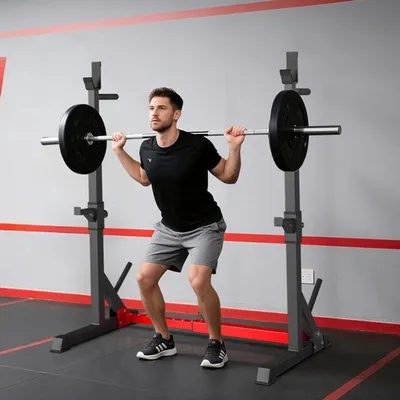 Immagine prodotto di Panca per squat con supporto per bilanciere - Regolabile in altezza - Stazione multifunzionale per allenamento della forza
