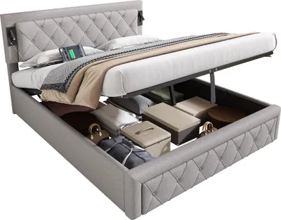 Produktbild von Polsterbett mit LED-Beleuchtung und Lattenrost, Kopfteil mit Spots, Type-C und USB Anschlüssen, 160x200 cm, gepolsterter Kopfteil, Doppelbett, Leinen