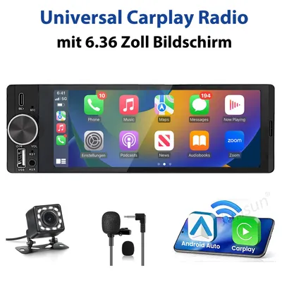 Obrázok produktu pre 6,36-palcový univerzálny CarPlay Android Auto 1DIN autorádio FM s kamerou a mikrofónom 1280*480 IPS dotykový displej
