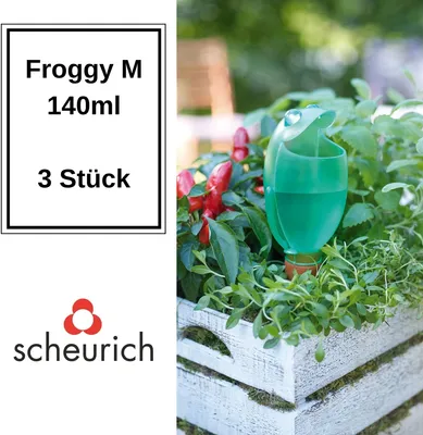Produktbild von Scheurich Wasserspender Froggy M | 3x Grün | 140 ml Füllmenge | Bewässerungskugel klein mit Ton Fuß | Wasserspender Pflanzen und Blumen Terrakotta Stiel