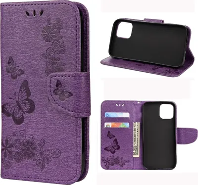 Produktbild von Mobigear Butterfly iPhone 12 Hülle Klapphülle Geldbörse - Lila