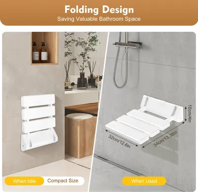Image de Siège de douche pliable - Tabouret de douche pliable - Capacité de charge : 130 kg - Acier inoxydable - Assise : 32 x 34 cm - Blanc