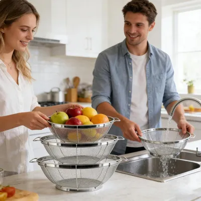 Produktbild von 3er-Set Küchensiebe aus Edelstahl mit Griffen, mikroperforierte Abtropfsiebe zum Abgießen von Nudeln, Reis, Obst und Gemüse
