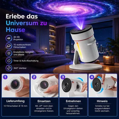 Produktbild von Weltraum Sternenprojektor, dynamische Galaxie Lampe mit Musik und 10 Projektionsscheiben, atmosphärisches Nachtlicht