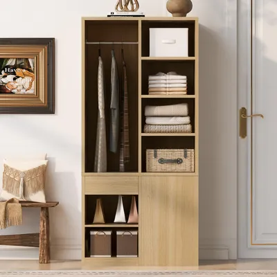 Produktbild von okwish Kleiderschrank mit 4 Schubladen, Regalfächern und Kleiderstange, Einzelkleiderschrank mit vielseitigem,Holz