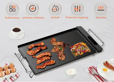An electric grill with food cooking on it, surrounded by breakfast items and feature icons.
