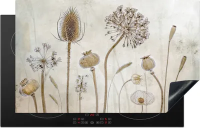 Produktbild von KitchenYeah© Herdabdeckplatte Blumen - Aquarell - Stilleben - Braun - Vintage , 85x52cm, Küche Deko, Glaskeramikkochfeld Herdabdeckung, Abdeckplatte fùr Kochfeld