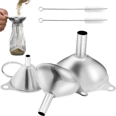 Produktbild von 3 Stuks Trechter RVS (Ø: 7,5 cm/5,5 cm/4,5 cm), Keuken Trechters mit 2 Reinigingsborstels, Metalen Vultrechter