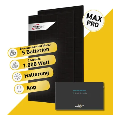Produktbild von Balkonstrom Balkonkraftwerk 1000W Solaranlage mit Speicher | Balkonhalterung | 3xSolarmodul | SunEnergyXT 500 Pro | Kabel 20m