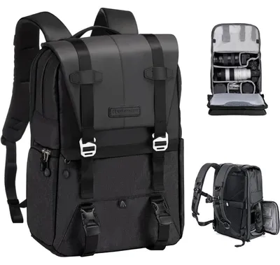 Produktbild von Kamerarucksack 20L mit 15,6 Zoll Laptopfach, spritzwassergeschützt, mit Regenschutz, schwarz-grau