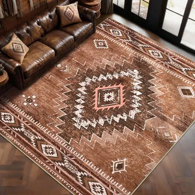 Immagine prodotto di Omgoods - Tappeto geometrico vintage - Lavabile e antiscivolo, marrone, 160 x 230 cm