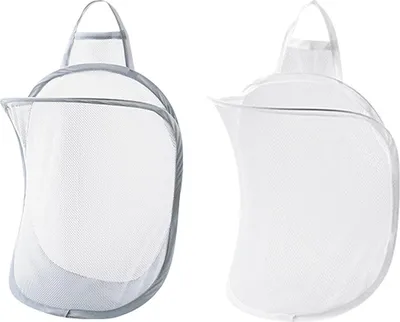 Produktbild von Pop-up Hanging Laundry Hamper Small Mesh Laundry Basket 2 Pack Foldable Hamper Collapsible Wall Mounted Storage Bag , Back to School Supply Grey & White