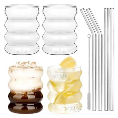 Image de Ensemble de 4 verres de 300 ml avec pailles, verres à motifs ondulés en verre borosilicaté