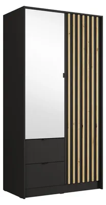 Image de Armoire TORVIK 2 portes avec miroir, tiroirs et tasseaux noir et chêne 101 cm
