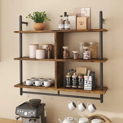 Produktbild von 3-stufiges Schwebendes Rohrregal,Industrieregal Wandregal mit Hakens,Holzregal Leiterregal Bücherregal für Wohnzimmer Küche und Bad 105x24x94cm