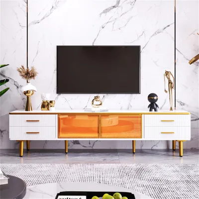 Produktbild von TV-Schrank TV Schrank in Mamoroptik, Fernsehschrank mit 4 Füßen 4 Strukturierte Schubladen mit Goldenen Griffen