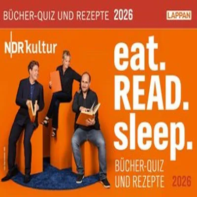 Three people are posing with books in front of an orange background with text.