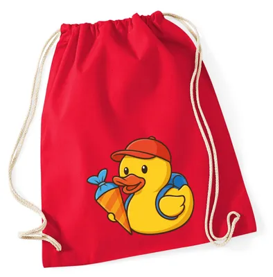 Produktbild von Huuraa Turnbeutel Quietscheente Einschulung Gummiente Schulanfang 12 Liter Classic Red Baumwolle Rucksack Geschenkidee