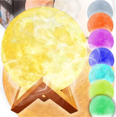 A collage of a moon-shaped humidifier and diffuser with multiple color options displayed in a row.
